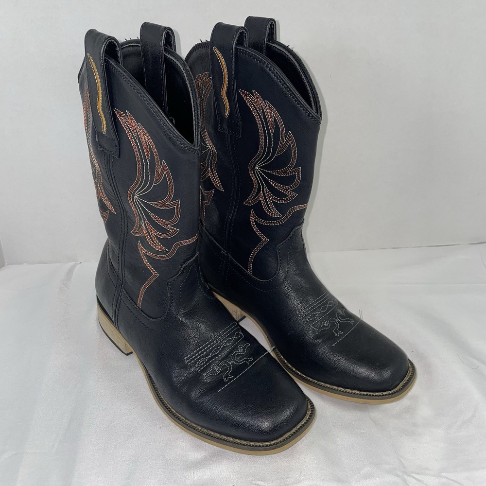 Rollda Youth Black Western Cowboy Boots Square Toe Wing Embroidery